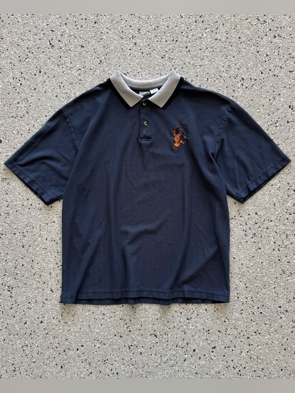 Vintage 90s Scooby Doo Wear Knit Polo Shirt Navy Blue Short Sleeve Size Large